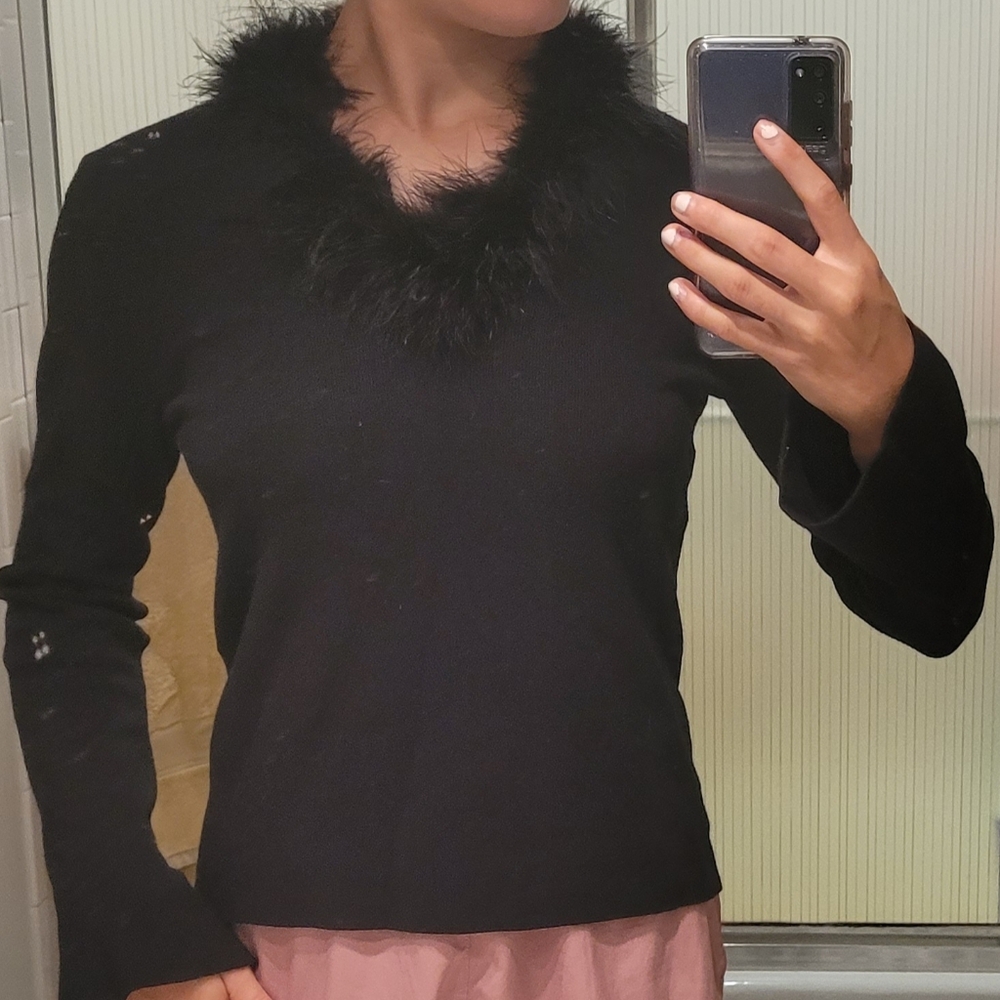 Black feather trim longsleeve blouse